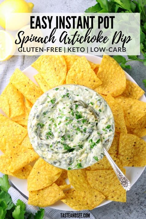 This Instant Pot Spinach Artichoke Dip is a gluten free, low carb, keto appetizer that couldn’t be any easier to make or any more delicious!!  #TasteAndSee Instant Pot Spinach Artichoke Dip, Instant Pot Spinach, Recipes Instapot, Spinach Artichoke Dip Recipe, Cheesy Appetizer, Spinach Dip Recipe, Artichoke Dip Recipe, Recipes Appetizers, Taste And See