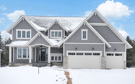 Gray House Shingle Color, Exterior House Colors Two Story, Grey Craftsman Exterior, White Brick Gray Stone Exterior, Grey House Exterior White Trim, Grey Siding House, Grey House Exterior, Grey Exterior House Colors, Gray House Exterior