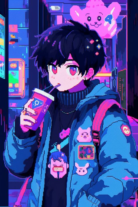 Pixel Art Pfp Aesthetic, Lofi Boy Aesthetic, Space Anime Pfp, Lofi Pfp, Anime Aesthetic Boy, Pixel Art Pfp, Neon Pfp, Retro Anime Aesthetic, Space Anime