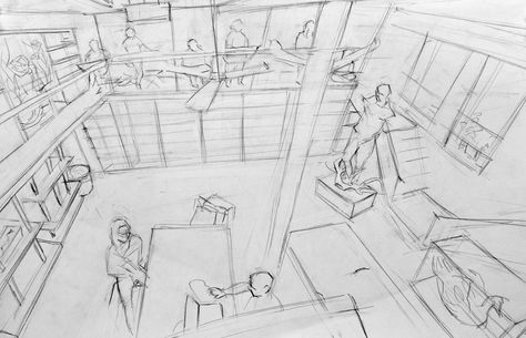 Clara Lieu, Student Artwork, RISD Illustration department, Drawing I: Visualizing Space course, studies on 3 point perspective from direct observation, graphite, 2015 3 Point Perspective Illustration, Spider View Perspective Drawing, Room In 2 Point Perspective, 2point Perspective Room, School Canteen Perspective Drawing, Canteen Perspective Drawing, Vanishing Point Drawing Room, 3 Point Perspective Drawing Interior, 1 Point Perspective Drawing Room