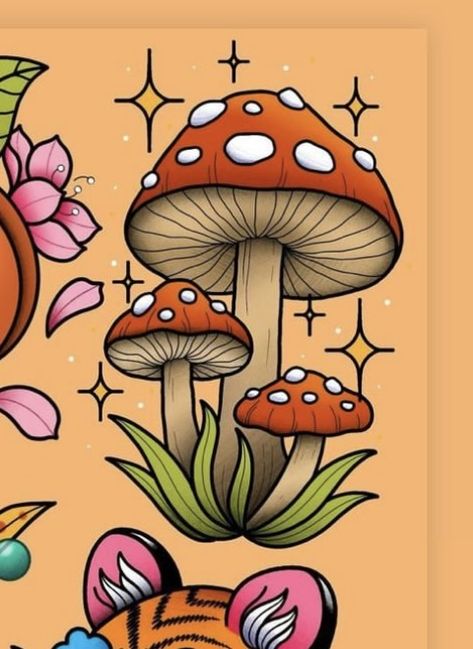 Neo Trad Mushroom Tattoo, Purple Mushroom Drawing, Toadstool Drawing, Traditional Mushroom Tattoo, Toadstool Tattoo, Purse Painting, Dreamcore Art, Ipad Inspo, Tattoo 2024