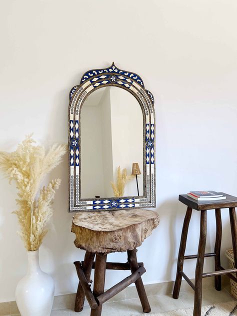 Moroccan Frame, Mirror Arch, Bone Inlay Mirror, Pretty Furniture, Moroccan Mirror, Moroccan Wall, Traditional Mirrors, Frame Mirror, Blue Frame