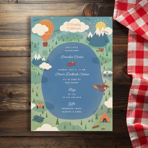 Great Adventure Outdoors Camping Birthday Party Invitation #zazzle #weddinginvitations #birthdayinvitations #babyshowerinvitations #zazzleinvitations #monogram #businesscards #graduation #homedecor Camping Birthday Party Invitations, Camping Invitations, Camping Baby, Gender Neutral Invitations, Adventure Awaits Baby Shower, Couples Baby Shower Invitations, Blue Baby Shower Invitations, Camping With A Baby, Camping Birthday Party