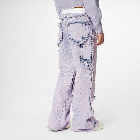 Wide Carpenter Trousers With Fringes - Ready to Wear | LOUIS VUITTON Louis Vuitton Pants, Hammer Holder, Loose Coats, Louis Vuitton Official, Pattern Sweater, Pants Men, Blue Jacket, V Shape, Distressed Jeans