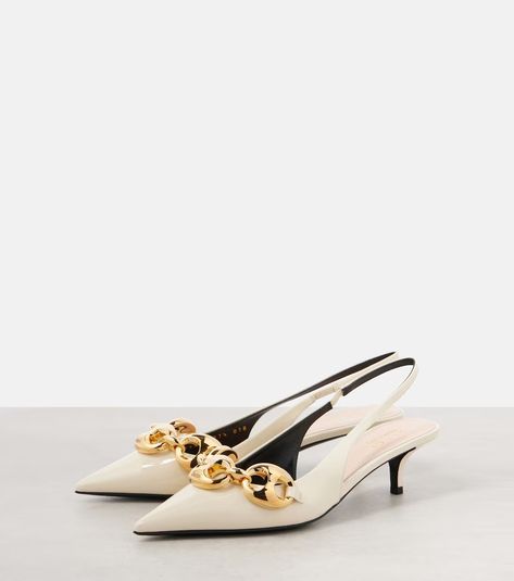 Marina patent leather slingback pumps in white - Gucci | Mytheresa Gucci Pumps, Gucci Heels, Mid Heels Pumps, Beautiful Heels, Pink Pumps, White Pumps, Evening Shoes, Patent Leather Pumps, Slingback Pump