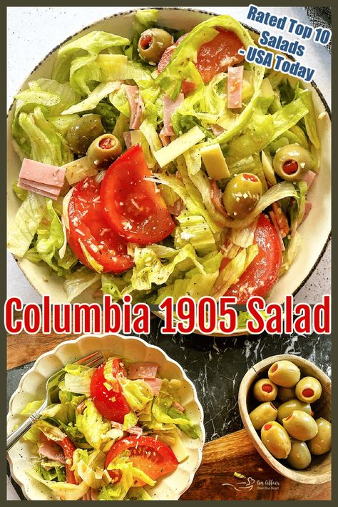 This Tampa Classic – Columbia’s Original 1905 Salad is considered one of America’s Top 10 best salads by USA Today. This flavorful salad boasts crisp lettuce, ham & Swiss cheese, red ripe tomatoes, and Spanish olives. This amazing salad is tossed in a unique vinaigrette and loved by all who enjoy it! 1905 Salad Recipe, Spanish Salad, Orange Sauce Recipe, Hearty Salad Recipes, Side Salad Recipes, Tossed Salad, Italian Salad, Vinaigrette Recipes, Veggie Salad