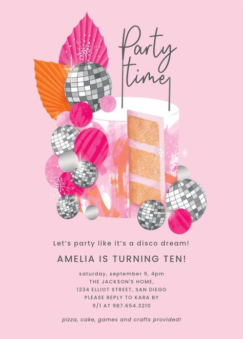 Disco Theme Birthday Party, Disco Theme Birthday, Disco Cake, Birthday Invitation Design, Bday Party Invitations, Butterfly Birthday Cards, Template Birthday, Disco Theme, House Warming Invitations