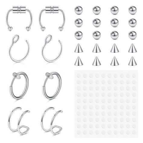 PRICES MAY VARY. Package: 8pcs fake septum fake nose ring, 20pcs replacement balls & spikes, 1 sheet self-adhesive sticker (100pcs) Size: Fake Nose Ring Hoop inner diameter: 5/16"(8mm) 3/8"(10mm); replacement balls & spikes: 4mm; Convenient open design, good choice for your daily wearing Material: Made with high quality Surgical Stainless Steel, High Polished Smooth Surface, Comfortable to Wear Using: This fake piercings can be used as fake nose ring, fake eyebrow piercing, fake lip piercing, fa Fake Face Piercings, Fake Snake Bites, Fake Eyebrow Piercing, Fake Lip Piercing, Fake Eyebrows, Snake Bite Piercing, Fake Lip Ring, Faux Nose Ring, Fake Nose Ring