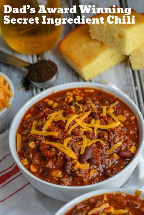 Dad's Award Winning Secret Ingredient Chili - 4 Sons 'R' Us One Pot Chili, Chili Contest, Soup Chowder, Winning Chili Recipes, Award Winning Chili Recipe, Award Winning Chili, Recipes Chili, Chilli Recipe, Chili Chili