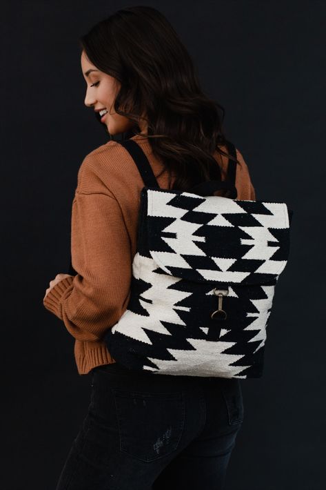 Neutral bags are the way to our hearts. You won't want to miss out on our new and fast selling backpack collection! This black and cream Aztec inspired backpack is perfect for all of your travels. Neutral Bags, Western Backpack, Backpack Collection, Neutral Bag, Knitted Hats Kids, Western Style Outfits, Diy Bags, Backpack Travel, Black And Cream