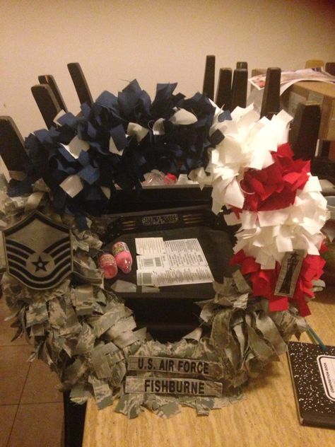 Air Force DIY Tie Wreath! Air Force Office Decor, Airforce Moms, Tie Wreath, Army Wreath, Military Crafts, Camp Party, Military Wreath, Usa Army, Air Force Mom