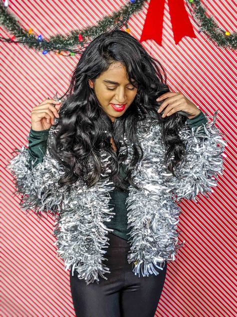 Make Ugly Christmas Sweaters – Best Day of the Week Diy Tinsel Sweater, Tinsel Outfit Diy, Funky Christmas Outfit, Tacky Christmas Sweater Outfit, Tinsel Outfit, Diy Ugly Christmas Sweater Ideas, Tacky Christmas Outfit, Easy Ugly Christmas Sweater, Making Ugly Christmas Sweaters