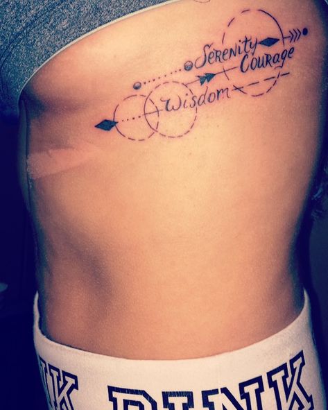 Shoulder tattoo quote ribcage serenity prayer Serenity Prayer Tattoo Design, Shoulder Tattoo Quotes, Serenity Prayer Tattoo, Serenity Tattoo, Wisdom Tattoo, Prayer Tattoo, Continuous Line Tattoo, Aa Tattoos, God Grant Me The Serenity