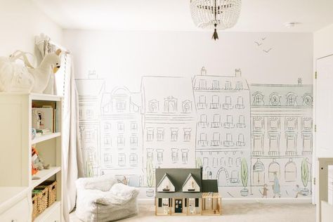 Parisian Street Wall Mural, Vintage Paris Themed Wallpaper | anewall – Anewall Mural Nursery, Kindergarten Wallpaper, Parisian Street, Parisian Theme, Vintage Parisian, Nursery Mural, Paris Wallpaper, Street Mural, Hand Painted Wallpaper