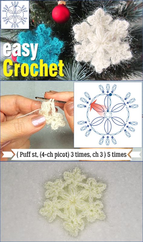 How to crochet a Simple Snowflake for beginners – video tutorial. For crochet beginner's, it will introduce the weave of simple basic: a chain ring, single crochet, picot, slip and puff stitches. A Puff Stitch. To crochet a puff stitch, you half-close several stitches worked in the same stitch and then join them together to finish the stitch. Simple Snowflake Crochet Pattern Free, Beginner Crochet Snowflake Pattern, Easy Crochet Snowflakes Free Patterns, Free Crochet Snowflake Patterns, Snowflake Crochet, Puff Stitch Crochet, Crochet Snowflake, Simple Snowflake, Crochet Snowflake Pattern