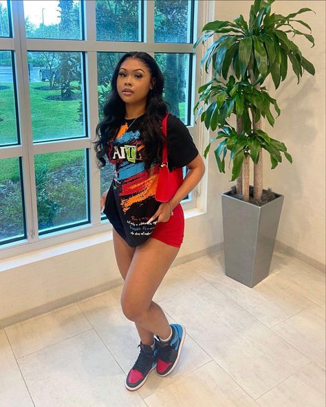 Nc To Chi Jordan 1 Outfit, Jordan 1s Outfit Women, Black Jordan 1 Outfit Women, Jordan 1 Outfit Women Summer, Biker Short Outfits Baddie, Red Shorts Outfit, Outfits With Jordan 1s Fashion Styles, Jordan 11 Outfit, Jordan 1 Outfit Women