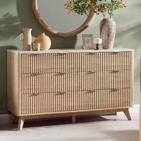 Sladen Fluted Design 6-Drawers Dresser Organizer, Wood Wide Chest of Drawers Tan Dresser Furniture, Rattan Dresser Bedroom, Wayfair Dresser, Boho Room Aesthetic, Display Dresser, Dresser Inspo, Dresser Organizer, Wide Chest Of Drawers, Bedside Furniture