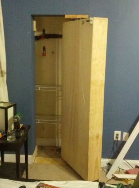 hidden-closet-bookshelf-under-home-hidden-storage Closet Bookshelf, Closet Bookshelves, Hidden Bookshelf, Hidden Storage Ideas, Bookshelf Closet, Hidden Door Bookcase, Hidden Closet, The Batcave, Bedroom Built Ins