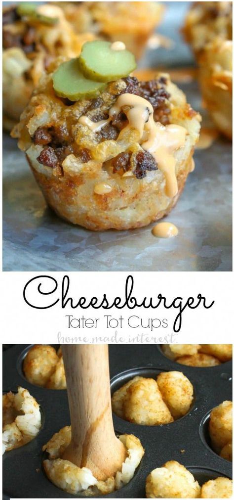 Tater Tot Cheeseburger, Super Bowl Appetizer Ideas, Appetizers For Party Bite Size, Cheeseburger Cups, Bowl Party Food, Superbowl Appetizers, Appetizer Ideas, Easy Party Food, Superbowl Snacks