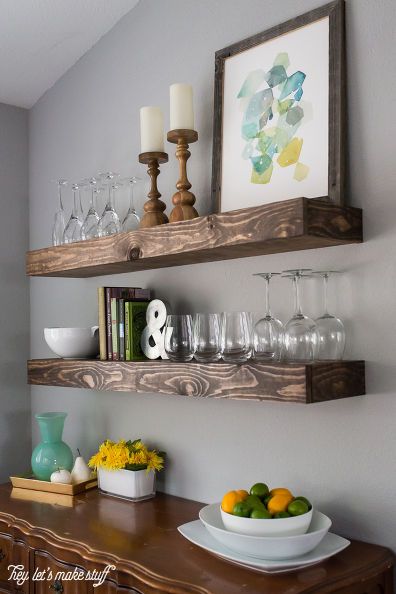 Dining Room Storage With Floating Shelves Deco Champetre, Floating Shelves Bathroom, Decor Ikea, Build Floating Shelves, Dining Room Storage, Estantes Flotantes, Dining Room Inspiration, Cool Ideas, Dining Room Walls