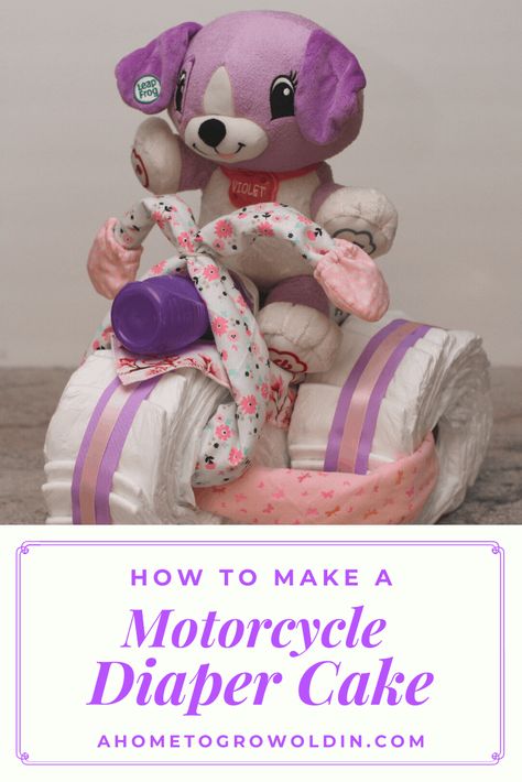 Learn how to make this easy Motorcycle Diaper Cake in this step by step tutorial. It is a cute and unique DIY baby shower gift that the mom-to-be will love and it can be used as a fun centerpiece. The best part is that a gender neutral tricycle diaper cake can be used for either a boy or girl! Click to get the instructions! #howtomake #showergift #ahometogrowoldin Baby Shower Motorcycle, Motorcycle Diaper Cake, Diy Baby Shower Gift, Diaper Motorcycle Cake, Diaper Cakes Tutorial, Diaper Cake Instructions, Unique Diaper Cakes, Diy Diaper Cake