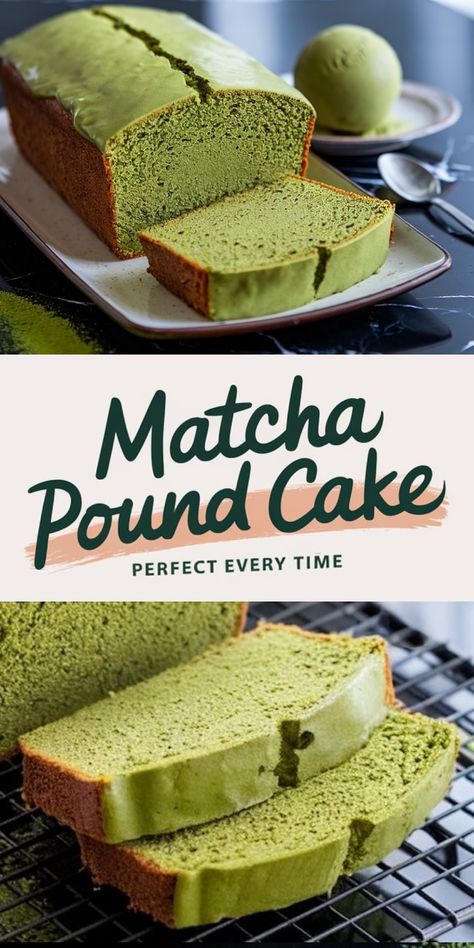 A collage featuring a matcha pound cake loaf sliced to reveal its soft, vibrant green interior. The top half shows the loaf with a smooth glaze, accompanied by a scoop of matcha ice cream and spoons on a black marble surface. The bottom half highlights close-up slices on a cooling rack, emphasizing the cake's moist and fluffy texture. Matcha Loaf Cake, Easy Matcha Dessert Recipes, Pound Cake Flavors, Healthy Matcha Dessert, Matcha Food Recipes, Matcha Cake Recipe, Matcha Glaze, Matcha Pound Cake, Matcha Powder Recipes