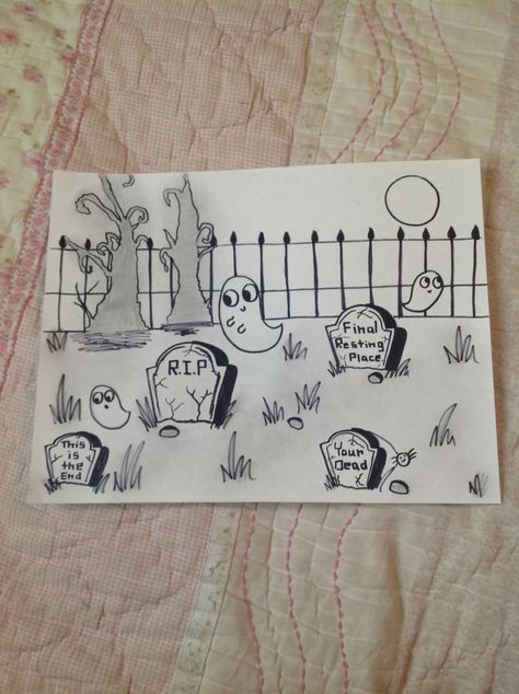 This is my version of a "cute" grave yard scene. My students loved doing this drawing with me. Grave Yard Drawing, Grave Drawing, Side View Drawing, Grave Yard, Instagram My Story, Sketchbook Art, Sketchbook Art Inspiration, Graveyard, Art Sketchbook