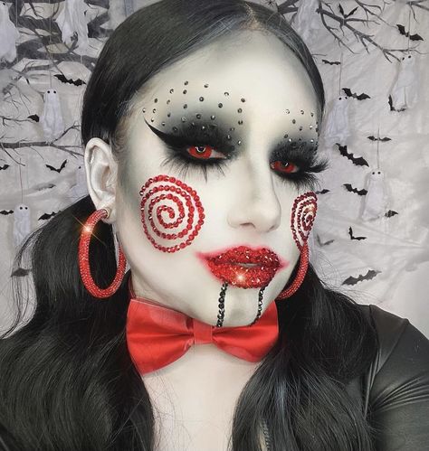 Fantasy Makeup Halloween, Jigsaw Makeup Woman, Saw Makeup Jigsaw, Jigsaw Makeup Halloween, Jigsaw Halloween Makeup, Halloween Character Makeup, Makeup Ideas Baddie, Halloween Glam Makeup, Movie Character Makeup