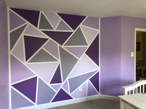 Two Color Bedroom Walls Paint, Room Painting Ideas Purple, Purple Room Paint Ideas, Purple Paint Room Ideas Bedrooms, Home Wall Painting Ideas Living Rooms, Geometric Wall Paint Purple, Wall Paint For Bedroom, Purple Wall Painting Ideas Bedroom, Purple Wall Design