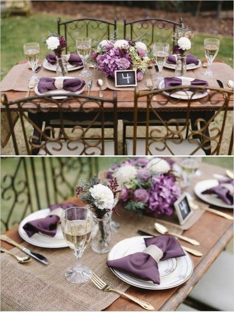 Shades of purple and grey wedding for Rustic table Wedding Ideas Purple, Purple Table Settings, Elegant Wedding Colors, Gray Wedding Colors, Purple Wedding Decorations, Purple Wedding Inspiration, Purple Table, Purple Candles, Plum Wedding