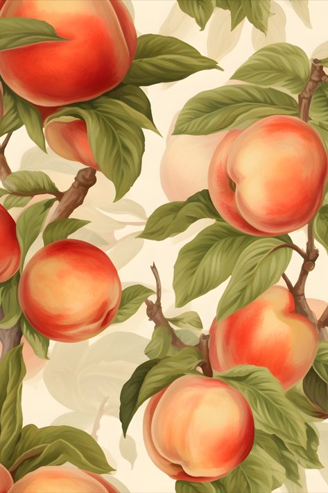 peach fruits on branches Peach Tree Illustration, Peach Reference, Peach Aesthetic Vintage, Peaches Drawing, Peaches Aesthetic, Peaches Wallpaper, Peach Painting, Peach Illustration, Fruits Pattern