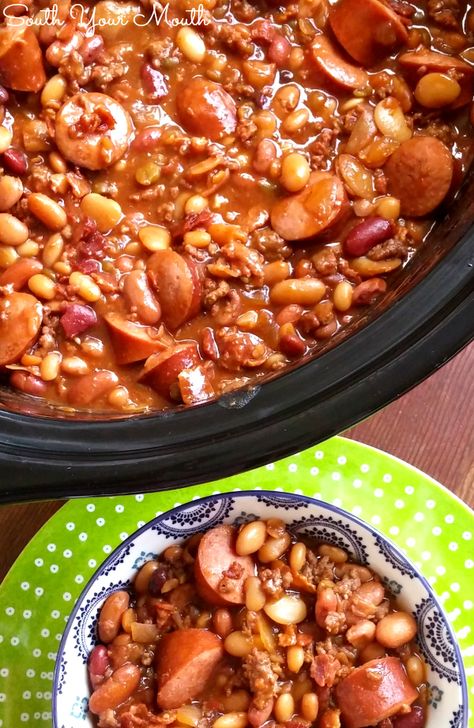 Three Meat Crock Pot Cowboy Beans | BBQ beans with smoked sausage, bacon and ground beef! 3 Meat Cowboy Beans Crockpot, 3 Bean Casserole, Cowboy Beans Recipe, Cowboy Baked Beans, Recipe With Sausage, Bbq Beans, Smoked Sausage Recipes, Cowboy Beans, Beans And Sausage