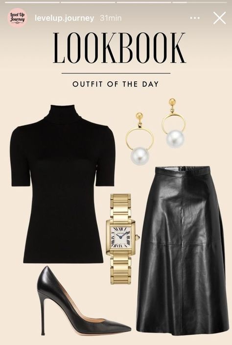 Leather Skirt Outfit Work Classy, Petite Professional Outfits Women, Elegant Night Out Outfit Classy, Chique Outfit, Black Leather Skirt, Classic Style Outfits, Stylish Work Outfits, All Black Outfit, Fashion Lookbook