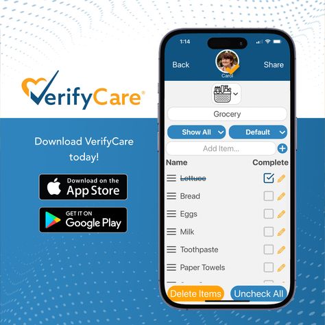 Simplify caregiver duties by easily organizing and checking items off the grocery list using the VerifyCare app! #verifycare #familycaregiver #dementiacare #aginginplace #seniorliving #careteam #caremanagement #caregiver #caregiversupport Caregiver Support, Family Caregiver, Aging In Place, Senior Living, Grocery List, Grocery Lists, Caregiver, Paper Towel, Toothpaste