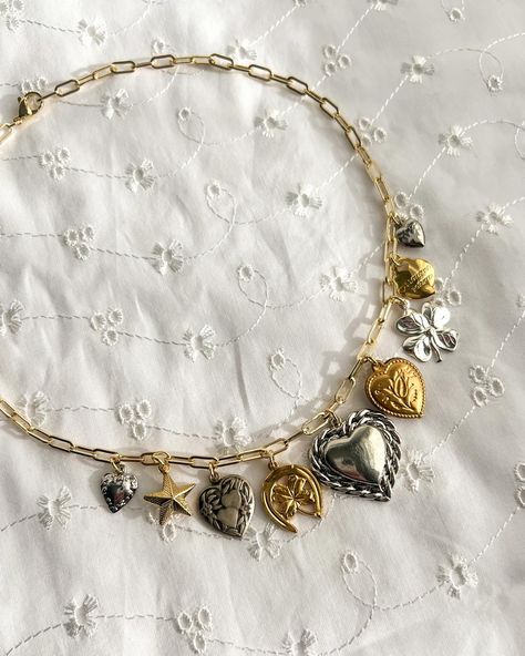 Mismatch Jewelry, Mixed Metal Charm Necklace, Gold-tone Metal Necklace With Charms, Gold-tone Metal Charm Necklace With Chain, Gold-tone Metal Charm Necklace, Mixed Metals Jewelry, Mismatched Jewelry, Goodluck Charms, Nickel-free Multicolor Metal Charm Bracelet