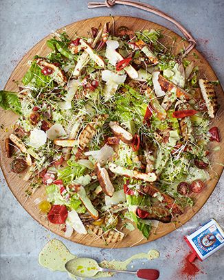 crispy polenta chicken caesar salad | Jamie Oliver | Food | Recipes (UK) Crispy Polenta, Chicken Caesar Salad Recipe, Resep Salad, Caesar Salad Recipe, Caesar Salad Dressing, Jamie Oliver Recipes, Chicken Caesar, Chicken Caesar Salad, Ambrosia Salad