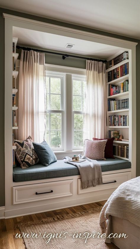 Room Inspo With Window Seat, Window Day Bed Ideas, Window Ledge Ideas Bedroom, Library Around Window, Reading Nook Daybed, Bay Window Library, Window Bench Decor, Reading Nook Under Window, Reading Nook By Window