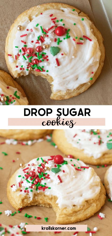 Drop Sugar Cookies with Vanilla Buttercream Frosting • Kroll's Korner Krolls Corner Recipes, Krolls Korner Cookies, Krolls Cookies Recipe, Christmas Drop Cookies, Vanilla Bean Buttercream Frosting, Fat Cookies, Krolls Korner, Christmas Desert, Giant Cookies