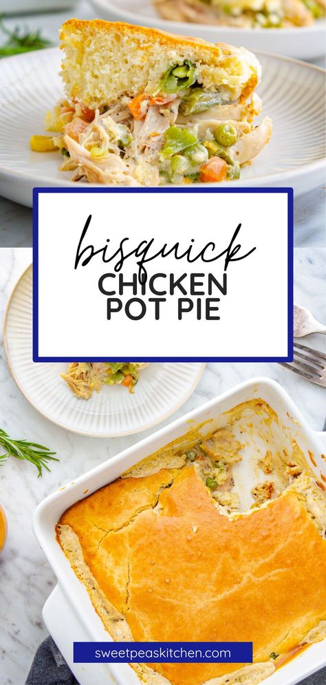 Everything you love about a classic chicken pot pie in a convenient easy to make casserole. A simple savory chicken and vegetable filling coatied in a creamy gravy, topped with Bisquick for a crumby, flakey crust. Easy Bisquick Chicken Pot Pie, Homemade Chicken Pot Pie With Bisquick, Bisquick Chicken Pot Pie, Classic Chicken Pot Pie, Bisquick Chicken, Peas Recipes, Pasties Recipes, Fluffy Chicken, Mini Chicken Pot Pies