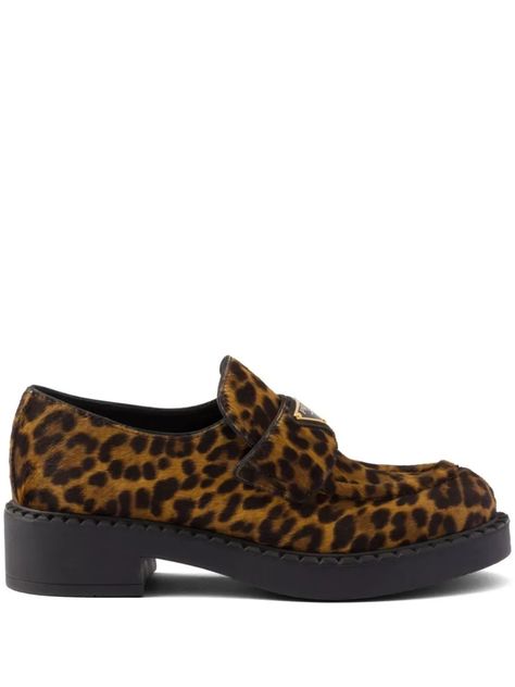 Animal Print Loafers, Prada Loafers, Leopard Loafers, Triangle Logo, Mini Dress Shop, Sneaker Wedge, Calf Hair, Ballet Flat Shoes, Pump Sandals