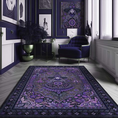 Transform your space with this enchanting witch-themed rug, perfect for adding a touch of magic to any room. Dominated by mesmerizing shades of purple and intricate floral patterns, this rug features a beautifully detailed witch at its center, surrounded by a tapestry of mystical symbols and designs. Ideal for witchy room decor and a unique gift for those who appreciate the mystical and the magical, this washable and easy-to-clean rug combines functionality with artistic flair. Whether for a coz Fairycore Decor, Whimsigoth Decor, Magic Room, Gothic Rug, Purple Room Decor, Bedroom Purple, Purple Magic, Purple Gothic, Gothic Bedroom