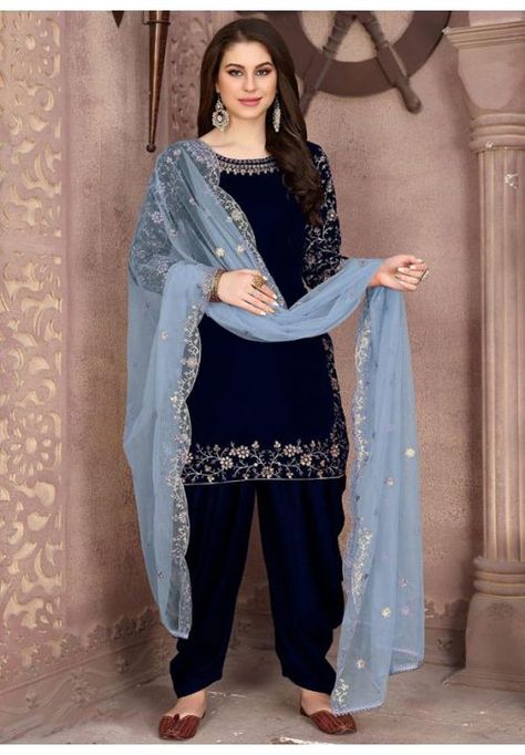 Navy Blue Embroidered Velvet Patiala Kameez Velvet Punjabi Suits, Black Patiala Suit, Velvet Salwar Suit, Patiala Salwar Kameez, Patiyala Dress, Patiala Salwar Suits, Patiyala Suit, Lehenga Gown, Patiala Suit