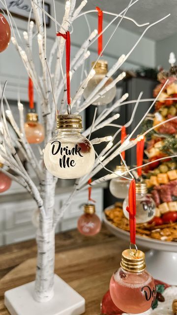 Gina Ramey on Instagram: "✨This is such a CUTE little Christmas tree to greet the family arriving for Christmas!🥂🎄 Booze Balls - Amazon Christmas Tree - Home Goods Prosecco 🥂 Cranberry Juice Frozen Cranberries (keep the champagne chilled) Save for next year! 🫶🏻 #christmastreecocktails #christmastree #cocktail #cheistmas #christmasdecorations #drinkme" Drunk Christmas Party, Christmas Drinks With Ornament, Holiday Cocktail Party Decor, Christmas Company Party Ideas, Ornament Shots, Christmas Theme Drinks, Birthday Drinks Alcohol, Christmas Hosting Ideas, Booze Balls