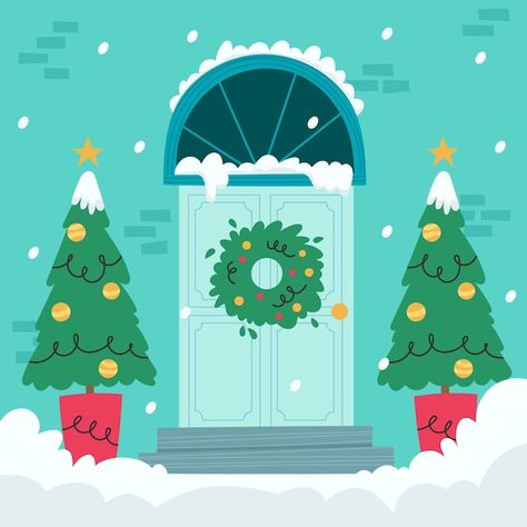 Christmas Door Illustration, Xmas Illustration Design, Friday Illustration, Door Illustration, Illustration Flat, Winter Door, 2022 Christmas, Navidad Diy, Alphabet Activities