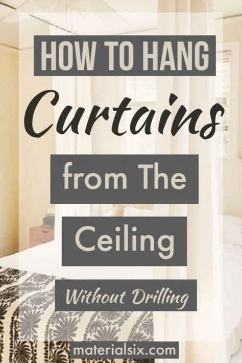 Step by step: How to hang curtains from the ceiling without drilling Curtain Rod Hanging From Ceiling, Diy Curtain Rods For Large Windows, Creative Room Dividers Curtains & Drapes, Ceiling Mounted Curtain Rod, Hanging Drapes From Ceiling, Curtain As Room Divider, How To Hang Curtains From Ceiling, Ceiling Curtain Ideas, Ceiling Curtains Bedroom