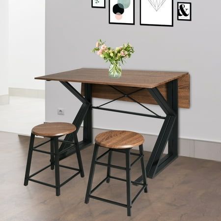 Crafted from high-quality material, our breakfast nook table set is built to last. The sturdy table features a drop leaf design, allowing for easy extension when you have guests over or need extra dining space. When not in use, simply fold down the leaves and tuck it away to save space. Size: 1*Foldable Table+2*Chair.  Color: Brown. Corner Bistro Table, High Kitchen Table Small Spaces, Small Drop Leaf Kitchen Table, Kitchen Table Ideas For Small Kitchen, Slim Dining Table Small Spaces, Small Dining Area Ideas In Living Room, Desk In Dining Room Ideas Small Spaces, Small Space Table And Chairs, Tables For Small Kitchen