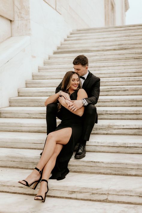 Detroit Couple Photoshoot, Black Theme Engagement Photos, Detroit Institute Of Arts Engagement Photos, Engagement Photos With Black Dress, Sophisticated Couple Photoshoot, Detroit Institute Of Arts Photoshoot, Classic Elegant Engagement Photos, Dressed Up Engagement Photos, Fancy Engagement Photos Classy