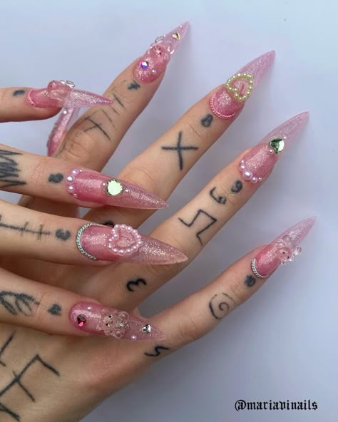 Y2k Aesthetic Nails, Lace Nails, Aesthetic Nails, Soft Nails, Jelly Nails, Kawaii Nails, Pink Acrylic Nails, Nails Pink, Bling Nails