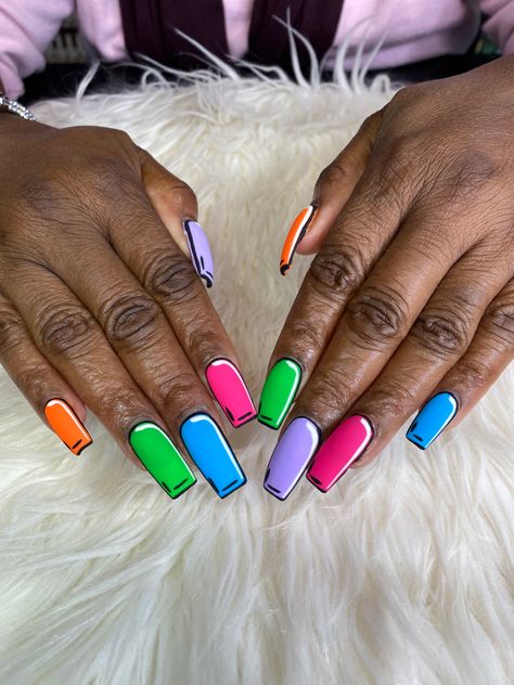 Animation Nails, 80s Nails, 90s Nails, Girls Nail Designs, Pop Art Nails, Cartoon Nails, Trends Nails, Super Cute Nails, Short Square Acrylic Nails