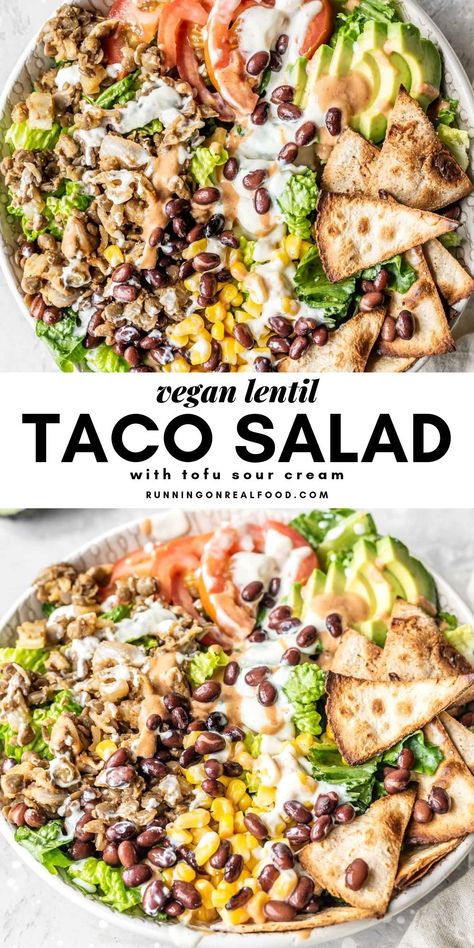 Vegan Taco Salad, Taco Salat, Taco Filling, Resep Pasta, Lentil Tacos, Vegan Taco, Taco Salad Recipes, Resep Salad, Vegan Sour Cream